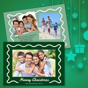 Wavy Border Merry Christmas 3 Photos Green Holiday Card