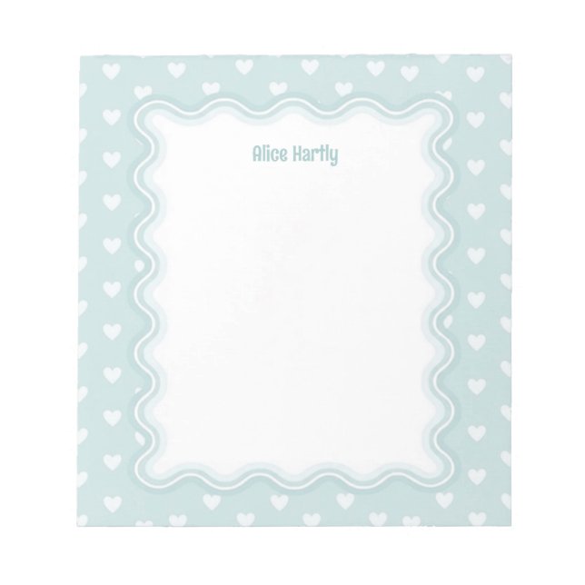 Wavy Border Mint Blue Love Heart Personalized Notepad (Front)