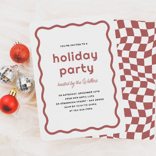 Wavy Border Modern Retro Christmas Holiday Party Invitation