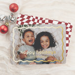 Wavy Border Modern Retro Christmas Photo<br><div class="desc">Give your Christmas cards a sparkle with real gold, silver, or rose gold foil! This holiday foil card features your favourite photo framed by a bold, wavy real foil border. Foil-pressed “Happy holidays” is written in playful typography, with your family name below in cute script. The back showcases a fun,...</div>