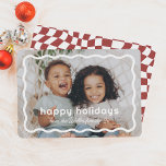 Wavy Border Modern Retro Christmas Photo Holiday Card<br><div class="desc">This holiday card features your favourite photo framed by a bold, wavy white border. “Happy holidays” is written in playful typography, with your family name below in cute script. The back showcases a fun, retro wavy chequered pattern. Perfect for sharing holiday cheer with friends and family, this card blends bold...</div>