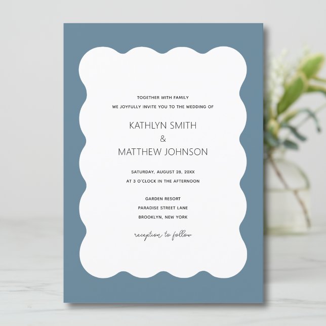 Wavy Border Modern Retro Dusty Blue Wedding Invitation (Creator Uploaded)