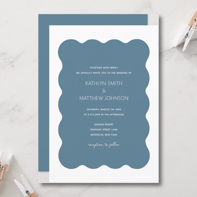 Wavy Border Modern Retro Dusty Blue Wedding  Invitation (Creator Uploaded)