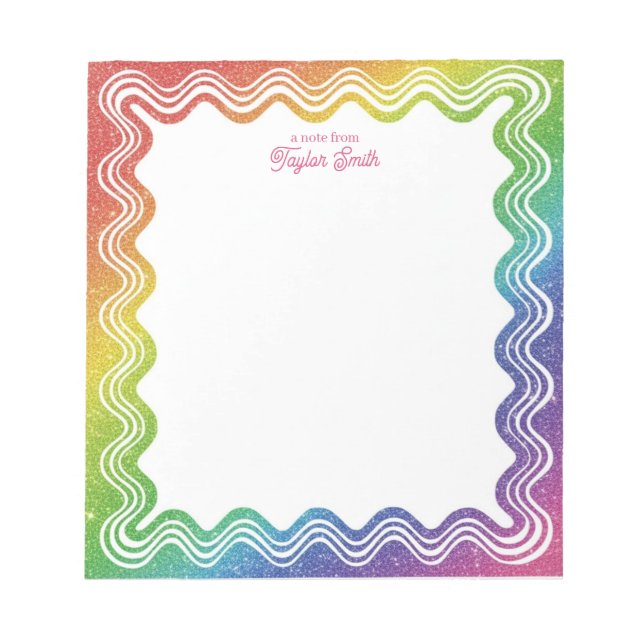 Wavy Border Rainbow Faux Glitter Personalized Name Notepad (Front)