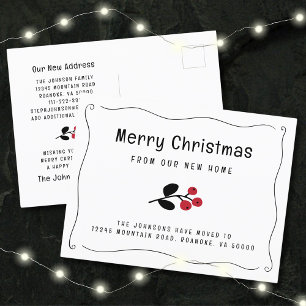 Wavy Border Red Berries Holiday Moving Announcement Postcard