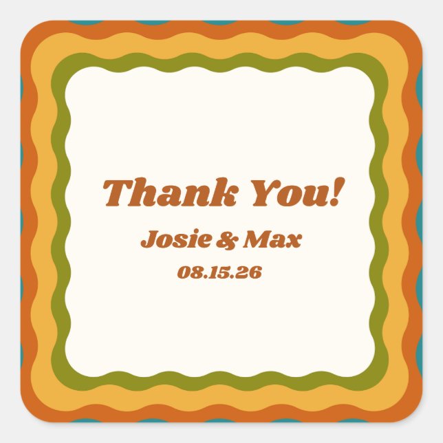 Wavy Border Retro 70s Colourful Thank You Wedding  Square Sticker (Front)