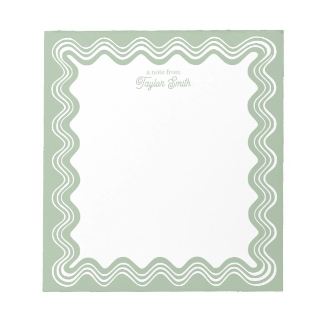 Wavy Border Sage Green & White Personalized Name Notepad (Front)