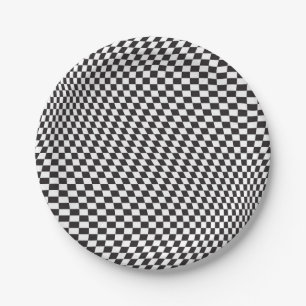 Wavy Checkered Black White Checkerboard Pattern Paper Plate