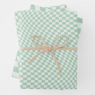 Wavy Checkered Pastel Green Checkerboard Pattern Wrapping Paper Sheet