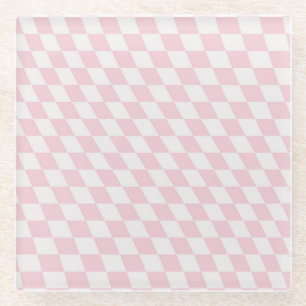 Wavy Checkered Pastel Pink Checkerboard Pattern Glass Coaster