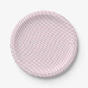 Wavy Checkered Pastel Pink Checkerboard Pattern Paper Plate