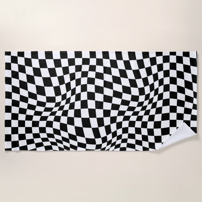 Wavy Chequered Black White Chequerboard Beach Towel (Front)