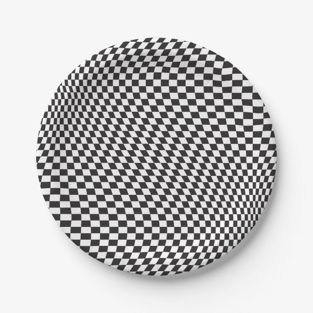Wavy Chequered Black White Chequerboard Pattern Paper Plate (Front)