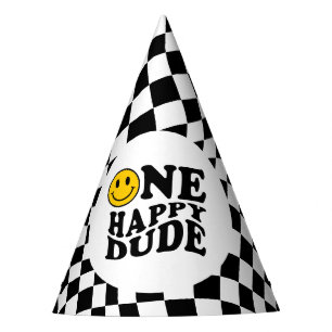 Wavy Chequered Yellow Preppy Smile One Happy Dude Party Hat