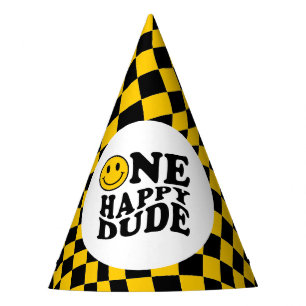 Wavy Chequered Yellow Smile Face One Happy Dude Party Hat