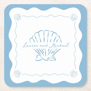 Wavy Coastal Modern Minimalist Dusty Blue Wedding  Square Paper Coaster