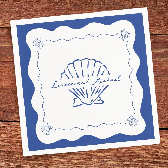 Wavy Coastal Modern Minimalist Navy Blue Wedding  Napkin (Creator Uploaded)