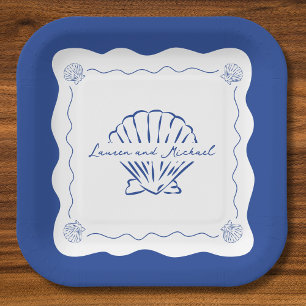 Wavy Coastal Modern Minimalist Navy Blue Wedding  Paper Plate