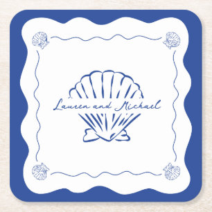Wavy Coastal Modern Minimalist Navy Blue Wedding  Square Paper Coaster