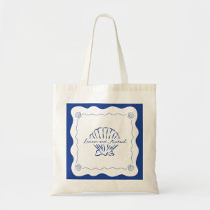 Wavy Coastal Modern Navy Blue Wedding Welcome Tote Bag