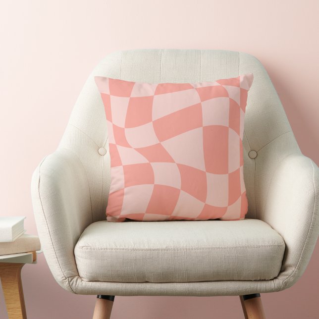 Wavy Coral Pink Chequered Bedroom Throw Pillow (Creator Uploaded)