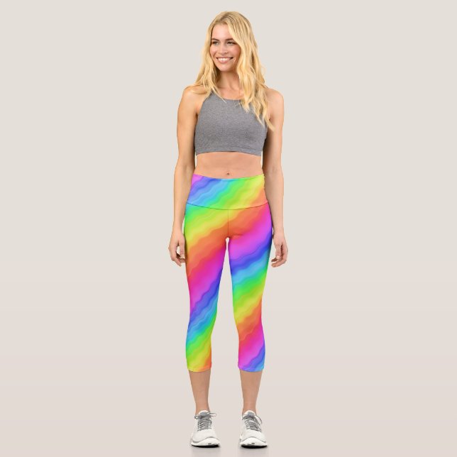 Wavy Diagonal Colourful Rainbow Design Capri Leggings (Front)