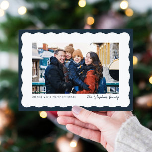 Wavy edge frame cute navy Christmas photo Holiday Card