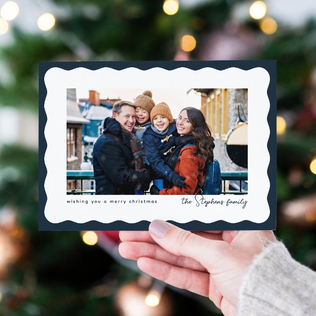 Wavy edge frame cute navy Christmas photo Holiday Card (Creator Uploaded)
