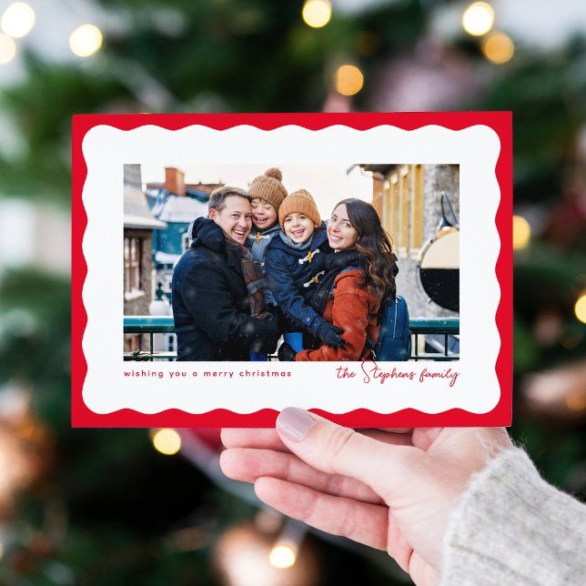 Wavy edge frame cute red Christmas photo Holiday Card (Creator Uploaded)