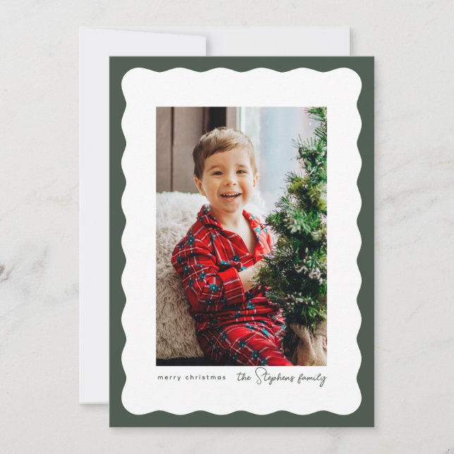 Wavy edge frame simple green Christmas photo Holiday Card (Front)