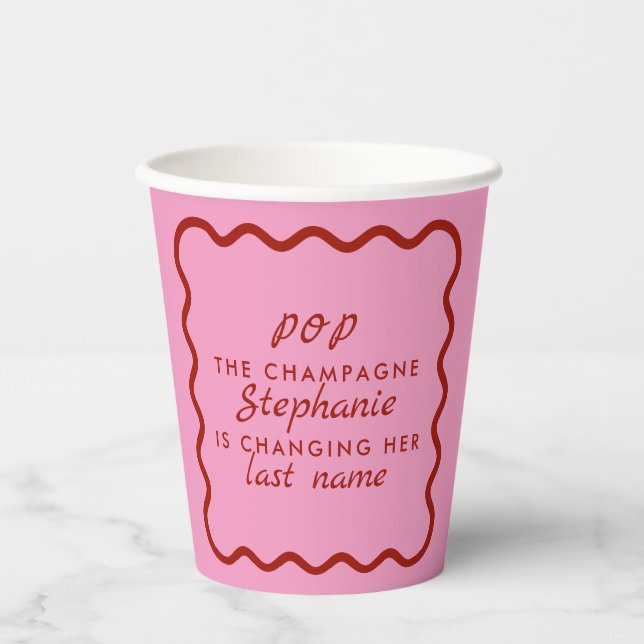 Wavy Edge Pink and Red Pop the Champagne Bridal Paper Cups (Front)