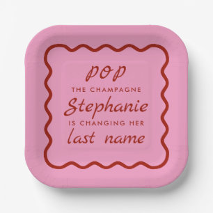 Wavy Edge Pink and Red Pop the Champagne Bridal Paper Plate