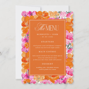 Wavy Edge Pink & Orange Floral Wedding Menu Card