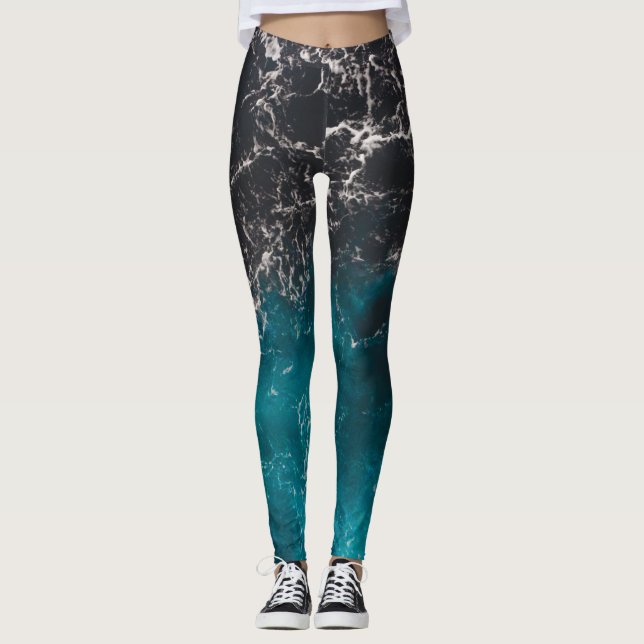 Wavy foamy blue black ombre sea water leggings (Front)