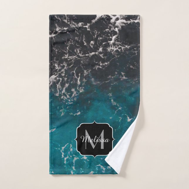 Wavy foamy blue black ombre sea water Monogram Bath Towel Set (Hand Towel)