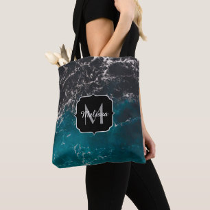 Wavy foamy blue black ombre sea water Monogram Tote Bag