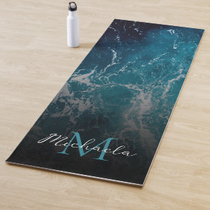 Wavy foamy blue white sea water abstract Monogram  Yoga Mat