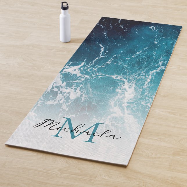 Wavy foamy blue white sea water abstract Monogram  Yoga Mat (In Situ)