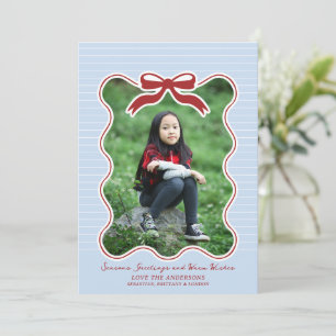 Wavy Frame Bow Pinstripe Holiday Card Christmas 