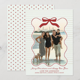 Wavy Frame Bow Pinstripe Holiday Card Christmas 