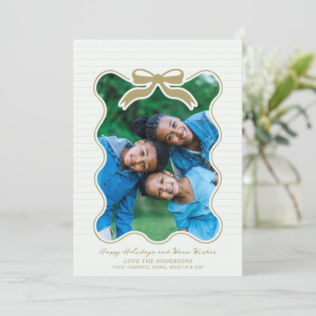 Wavy Frame Bow Pinstripe Holiday Card Christmas  (Standing Front)