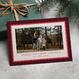 Wavy frame burgundy Merry Christmas photo Holiday Card