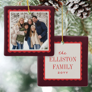 Wavy frame burgundy red one photo Christmas Ceramic Ornament