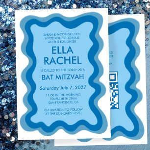 Wavy Frame Modern Custom QR CODE Bar Bat Mitzvah Invitation