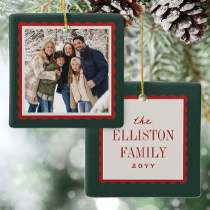 Wavy frame red and green one photo Christmas Ceramic Ornament