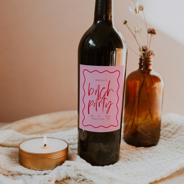 Wavy Frame Red And Pink Bachelorette Wine Favour Label (Creator Uploaded)