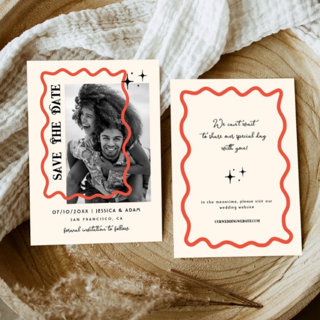 Wavy Frame Retro Wedding Photo Save The Date (Creator Uploaded)