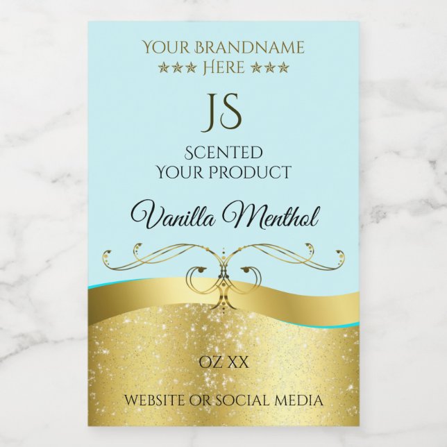 Wavy Glamour Gold Decor Light Teal Monogram Label (Single Label)