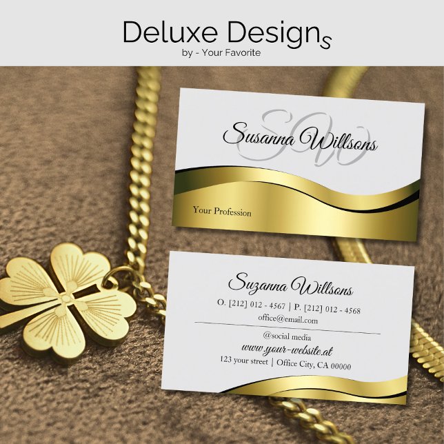Wavy Gold Decor on Light Grey with Initials Classy Business Card (Creator Uploaded)
