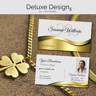 Wavy Gold Decor on Light Grey with Initials Photo Business Card